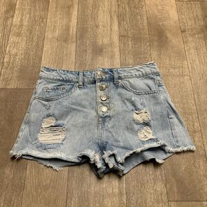 Womens Forever 21 High Rise Button Fly Distressed Denim Jean‎ Shorts